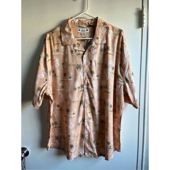 Free Planet Mens XL Button Down Hawaiian Peach Palm Tree Tropical Polo Shirt